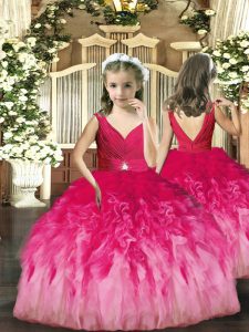 Classical Hot Pink V-neck Backless Beading and Ruffles Little Girl Pageant Gowns Sleeveless