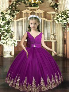 Simple Sleeveless Tulle Floor Length Backless Pageant Dresses in Eggplant Purple with Embroidery