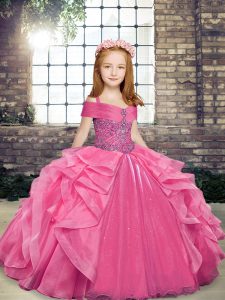 Customized Sleeveless Organza Floor Length Lace Up Pageant Dress for Teens in Pink with Beading and Ruffles