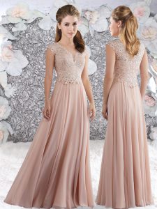 Chiffon Scoop Sleeveless Zipper Beading and Lace Prom Evening Gown in Pink