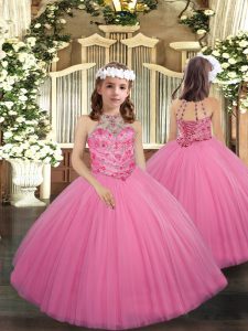 Custom Design Rose Pink Tulle Lace Up Winning Pageant Gowns Sleeveless Floor Length Beading