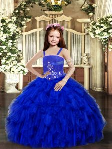Great Royal Blue Straps Neckline Beading and Ruffles Kids Formal Wear Sleeveless Lace Up