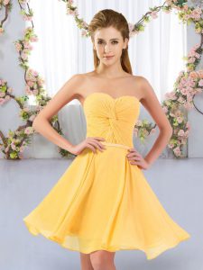 Custom Design Gold Chiffon Lace Up Quinceanera Dama Dress Sleeveless Mini Length Ruching