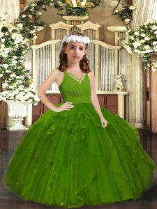Olive Green Ball Gowns Tulle Straps Sleeveless Ruffles Floor Length Zipper Girls Pageant Dresses