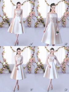 Noble Champagne A-line Lace and Belt Dama Dress for Quinceanera Lace Up Satin Sleeveless Tea Length
