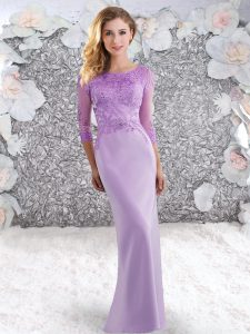 Lavender Elastic Woven Satin Zipper Scoop 3 4 Length Sleeve Prom Party Dress Sweep Train Beading and Lace