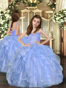 High Quality Floor Length Ball Gowns Sleeveless Blue Kids Formal Wear Lace Up