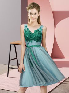 Custom Made Tulle V-neck Sleeveless Lace Up Appliques Bridesmaid Dress in Aqua Blue