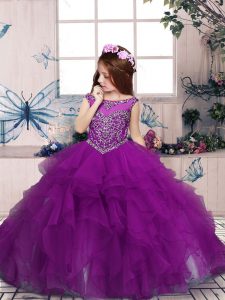 Customized Scoop Sleeveless Pageant Dress for Teens Floor Length Beading Purple Tulle