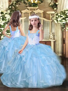 Baby Blue Lace Up Straps Beading and Ruffles Girls Pageant Dresses Organza Sleeveless