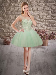 Excellent Scoop Sleeveless Prom Dress Mini Length Beading Apple Green Tulle