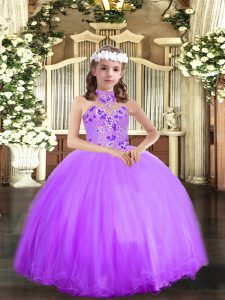 Ball Gowns Little Girl Pageant Dress Lavender Halter Top Tulle Sleeveless Floor Length Lace Up