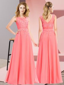 Watermelon Red Sleeveless Beading and Appliques Floor Length Bridesmaids Dress