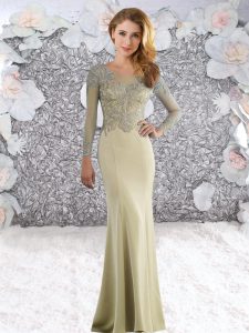 Scoop Long Sleeves Prom Party Dress Sweep Train Beading Light Yellow Elastic Woven Satin