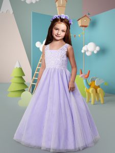 Modest Lavender Flower Girl Dress Wedding Party with Lace Straps Sleeveless Zipper