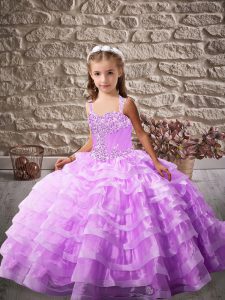 Eye-catching Lavender Lace Up Winning Pageant Gowns Beading and Ruffled Layers Sleeveless Brush Train
