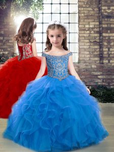 Admirable Floor Length Blue Kids Pageant Dress Off The Shoulder Sleeveless Lace Up