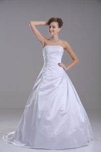 Shining White Taffeta Lace Up Strapless Sleeveless Wedding Gowns Brush Train Beading
