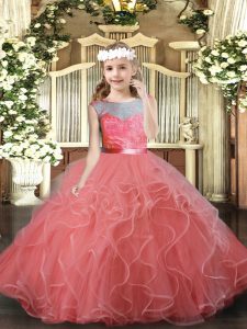 Watermelon Red Tulle Backless Kids Formal Wear Sleeveless Floor Length Lace and Ruffles