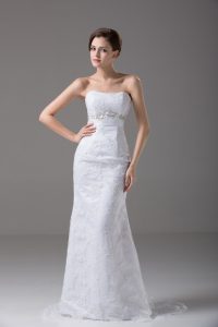 Ideal White Mermaid Beading and Lace and Belt Wedding Dresses Zipper Tulle Sleeveless