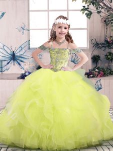 Affordable Ball Gowns Glitz Pageant Dress Yellow Green Off The Shoulder Tulle Sleeveless Floor Length Lace Up