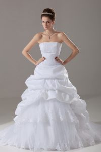 White Wedding Gown Taffeta and Tulle Brush Train Sleeveless Lace and Pick Ups