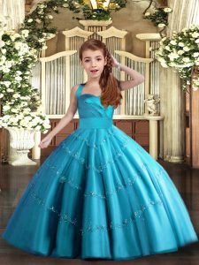 Adorable Sleeveless Floor Length Beading Lace Up Child Pageant Dress with Baby Blue