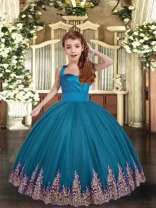 Amazing Sleeveless Tulle Floor Length Lace Up High School Pageant Dress in Teal with Appliques and Ruching