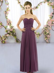 Suitable Sleeveless Lace Up Floor Length Ruching Bridesmaids Dress
