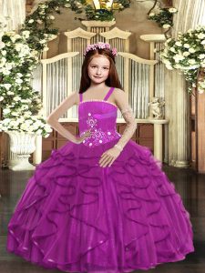 Fuchsia Lace Up Little Girls Pageant Dress Beading and Ruffles Sleeveless Floor Length