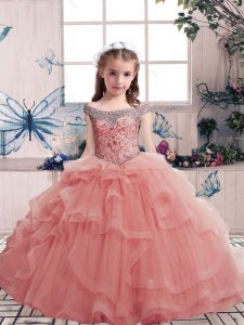 Floor Length Ball Gowns Sleeveless Pink Little Girl Pageant Gowns Lace Up