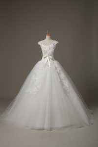 White Tulle Lace Up Wedding Gown Sleeveless Brush Train Lace and Appliques and Belt and Hand Made Flower