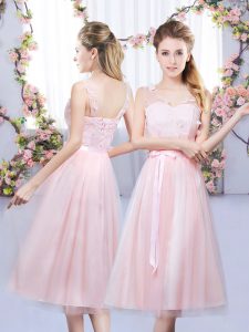 Modern Baby Pink V-neck Lace Up Lace and Belt Bridesmaids Dress Sleeveless