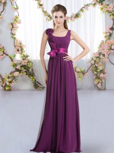 Chiffon Straps Sleeveless Zipper Belt and Hand Made Flower Bridesmaid Gown in Dark Purple