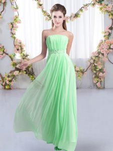 Apple Green Chiffon Lace Up Strapless Sleeveless Bridesmaid Dress Sweep Train Beading