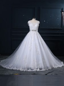 White Sleeveless Beading and Lace Zipper Wedding Gowns