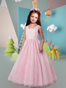 Simple Sleeveless Zipper Floor Length Lace Toddler Flower Girl Dress