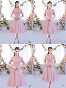 Pink Cap Sleeves Lace Tea Length Dama Dress