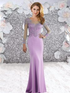 Long Sleeves Elastic Woven Satin Sweep Train Zipper Prom Gown in Lilac with Beading