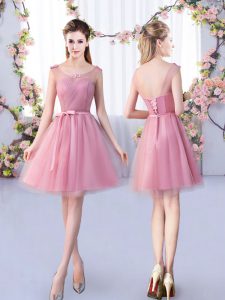 Nice Mini Length Pink Wedding Guest Dresses Scoop Sleeveless Lace Up