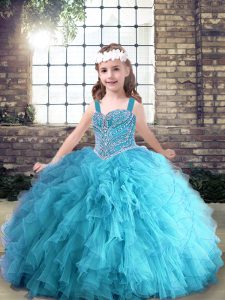 Aqua Blue Lace Up Straps Beading and Ruffles Little Girls Pageant Dress Wholesale Tulle Sleeveless