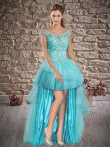 High Low Aqua Blue Homecoming Dress Off The Shoulder Sleeveless Lace Up