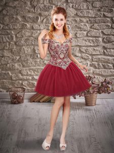 Mini Length Burgundy Prom Dresses Off The Shoulder Sleeveless Lace Up