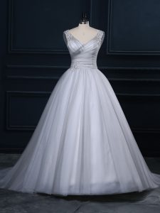 Sleeveless Court Train Beading and Appliques Lace Up Wedding Gowns
