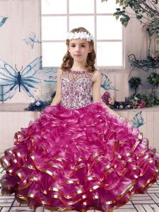 Fuchsia Little Girl Pageant Dress Party and Military Ball and Wedding Party with Beading and Ruffles Scoop Sleeveless La