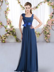Most Popular Navy Blue Chiffon Zipper Wedding Guest Dresses Sleeveless Floor Length Belt and Hand Made Flower