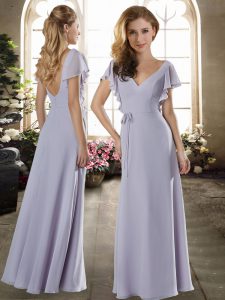 Superior Empire Bridesmaid Dress Lavender V-neck Chiffon Short Sleeves Floor Length Zipper