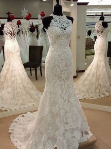 Delicate White Wedding Dresses Lace Brush Train Sleeveless Lace