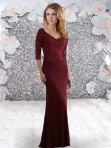 Great Burgundy Lace Zipper Womens Party Dresses Half Sleeves Sweep Train Lace