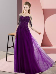 High End Dark Purple Empire Beading and Lace Bridesmaid Dress Lace Up Chiffon Half Sleeves Floor Length